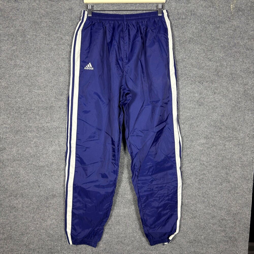 Adidas Mens Vintage Track Pants L Blue 3 Stripe Lined Nylon Wind Pants Baggy Y2K